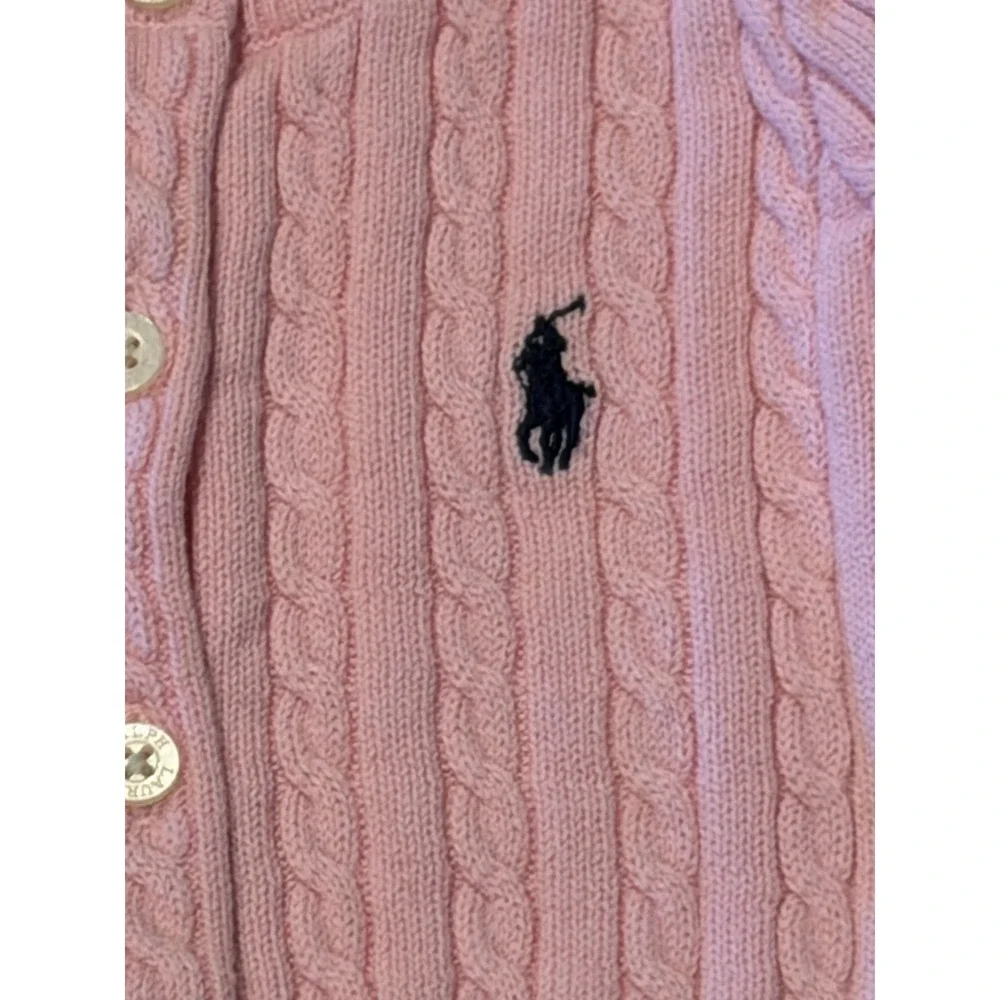 Ralph Lauren Kids Pink Cable Knit Cotton Cardigan Sweater 18M Navy Pony Logo